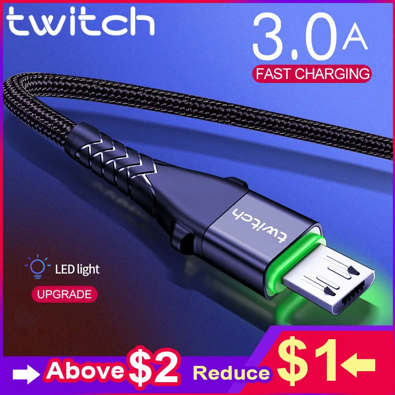 Twitch Micro USB кабель 3A Быстрая зарядка USB кабель для передачи данных Шнур для samsung Xiaomi Redmi Note 4 5 Android Microusb Быстрая зарядка 1 м 2 м