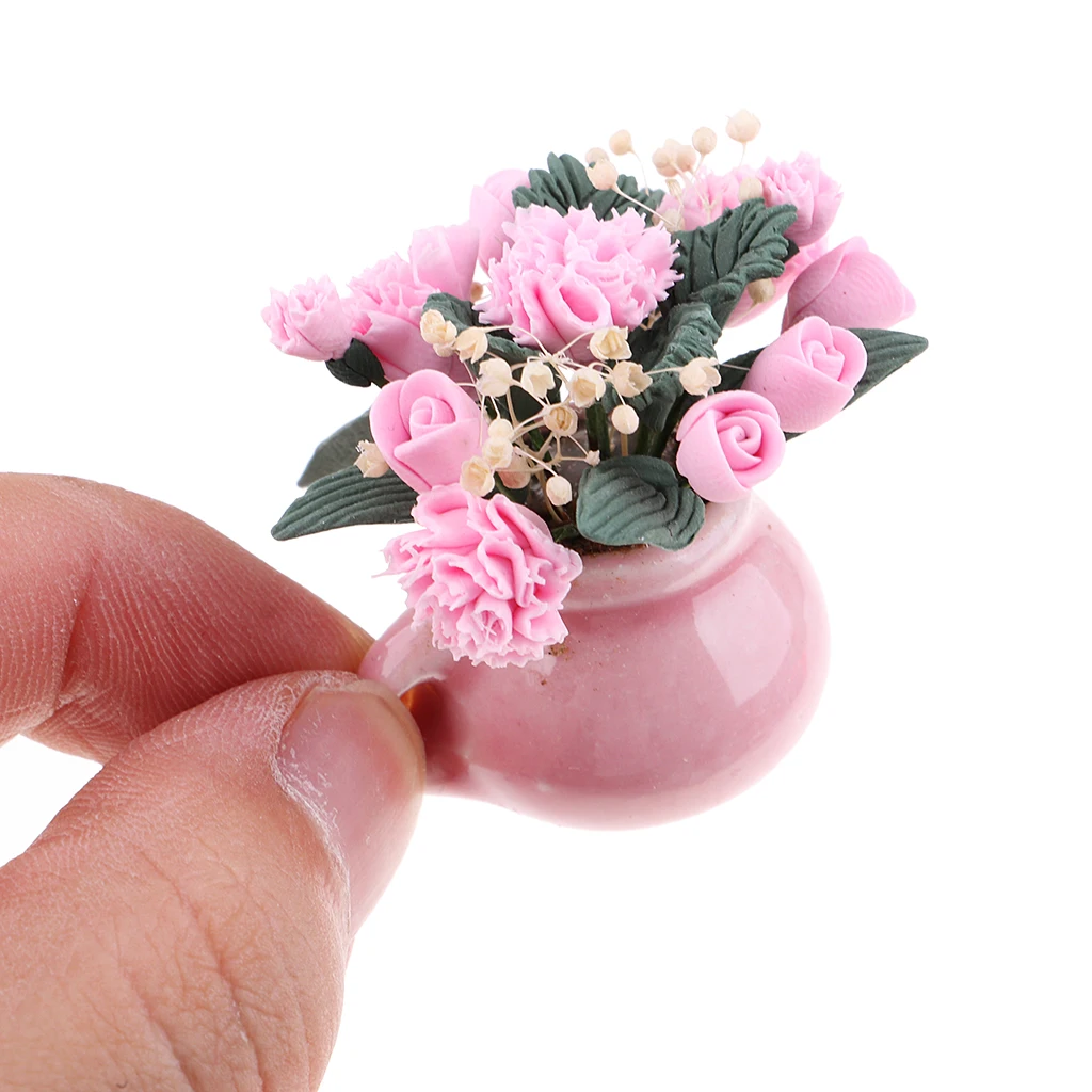 1/12 Scale Doll House Miniatures Carnation Flower In Pink Vase Bedroom Accs Decor