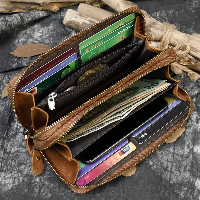 Мужской длинный кожаный бумажник crazy horse с двойной молнией 24 держатель для карт большая молния вокруг натуральная кожа клатч кошелек телефон карман для монет
