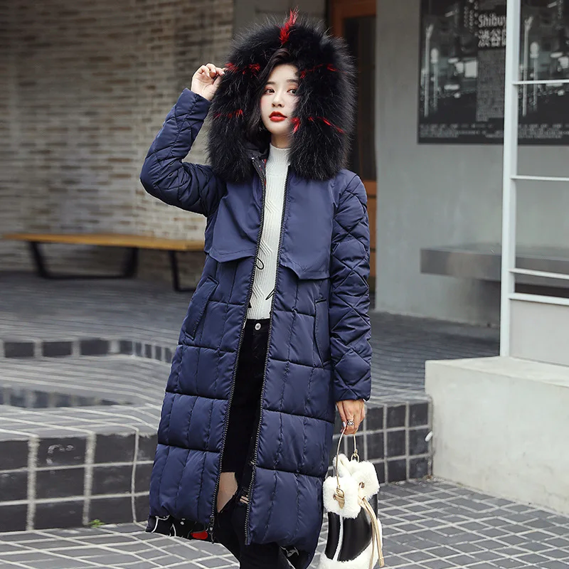 Новое поступление, зимняя куртка для женщин с длинным принтом, с капюшоном, из искусственного меха, зимнее пальто с хлопковой подкладкой, женская верхняя одежда, парки - Цвет: Синий