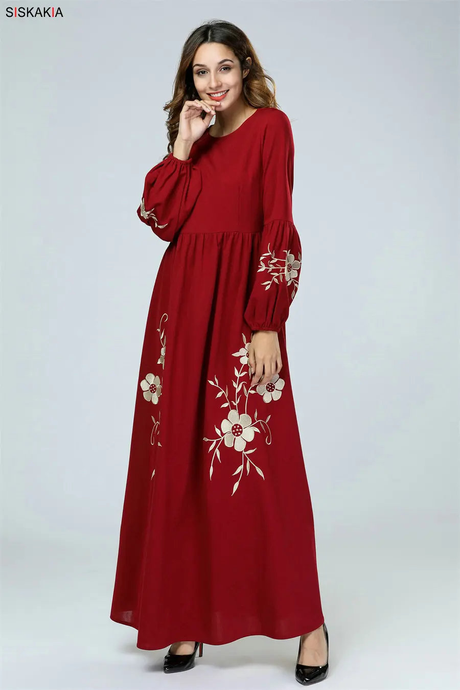 Siskakia элегантное женское длинное платье с цветочной вышивкой, темно-синее мусульманское платье трапециевидной формы с высокой талией, платье с рукавом Бишоп, Осень-зима
