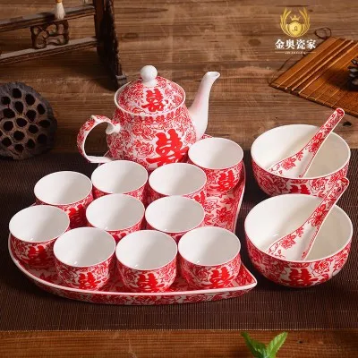 Высококачественный китайский свадебный подарок, свадебные принадлежности, красный керамический чайный чайник, двойной чайный горшок в форме сердца, набор подноса - Цвет: 11