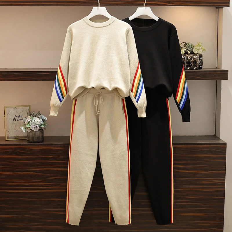 

Womens Autumn Knit Sweatshirts 2 Piece Set Patchwork Pullover Top + Wide Leg Pants Two Piece Set Knitted Trousers Tracksuit Suit