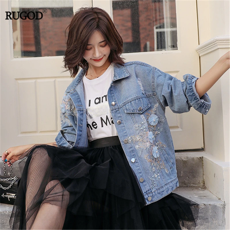 

RUGOD 2019 New Autumn Women Demin Jacket Embroidery Three-dimensional Flower Frayed Coat Chic Korean Stylish Temperament Jacket