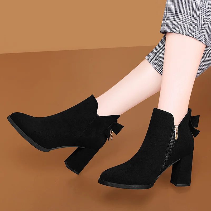 

Fashion Shoes Waterproof Platform round-Toe Chunky Heel plus Velvet Boots Side Zipper Solid Color Short Boots Sub-Gucci Tianlun