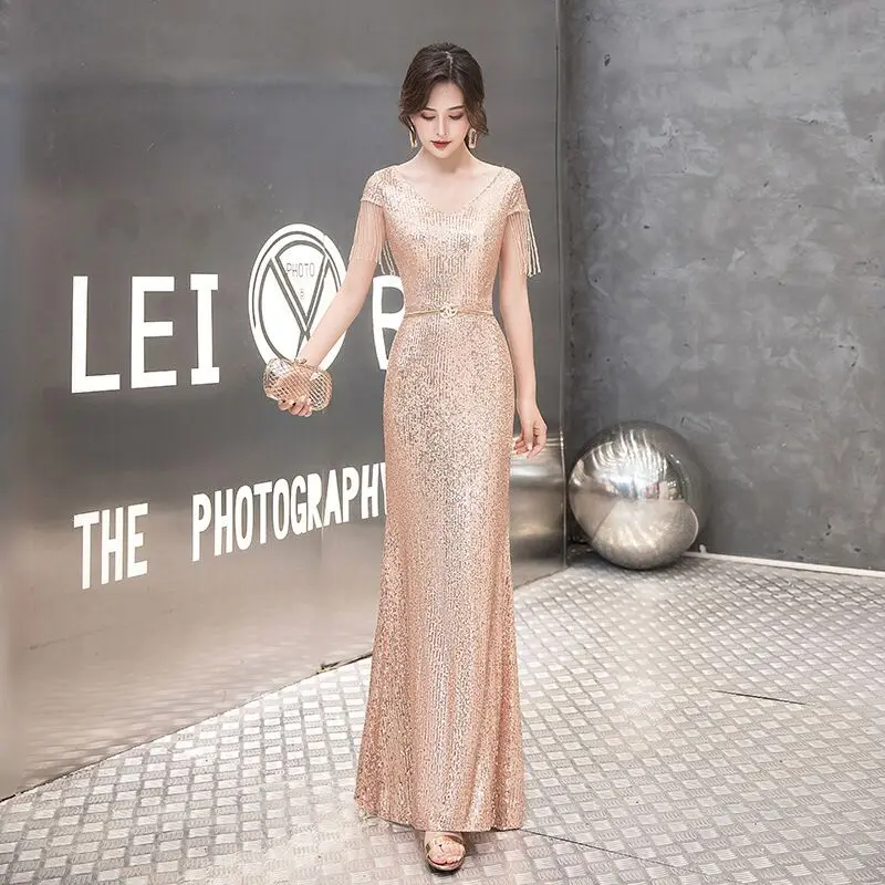 

Plus Size Evening Host Dresses V Neck Short Sleeve Simple Sequins Yarn Mermaid Long Party Gown Soiree Sexy Formal Dress MS-002