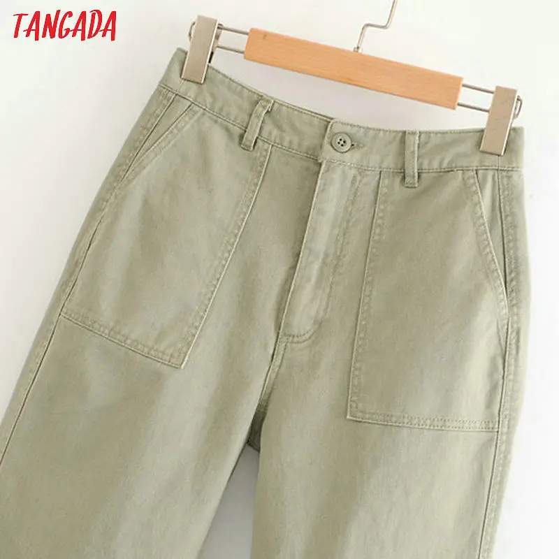 Tangada Женские повседневные зеленые брюки с карманами, высокая талия, длина по щиколотку, Стильные черные брюки, pantalones HY102