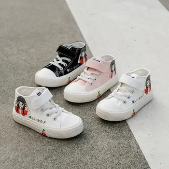 

2020 Spring New Japanese High-top Girls Canvas Shoes Soft Sole Princess Shoes Cartoon Printed Flat Casual Shoes With Hook&Loop