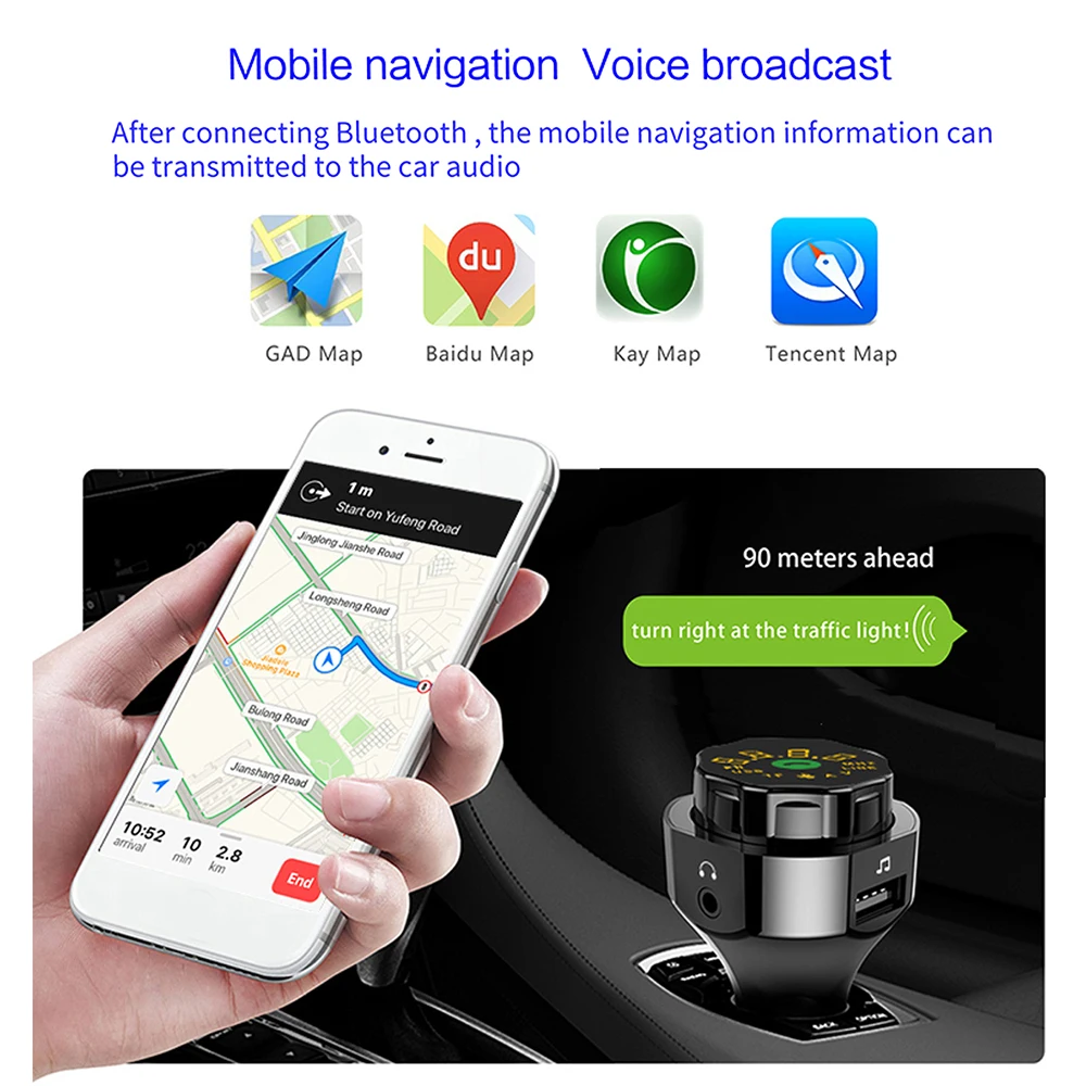 Car Wireless Bluetooth Hands-Free FM Transmitter MP3 Player 12V 24V USB Charging Fast Charger AUX Input U-Disk TF Card Play