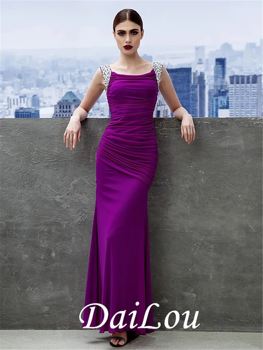 

Sheath / Column Minimalist Prom Formal Evening Dress Scoop Neck Sleeveless Ankle Length Chiffon with Ruched Free Shipping