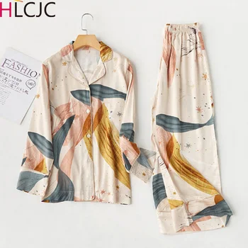 

2020 Spring Starry Sky Lapel Pajama Set Womens Two Piece Long Sleeves Pyjamas Femme Loungewear Home Clothes Viscose Sleepwear