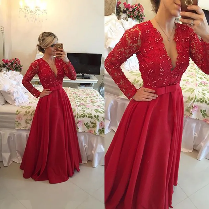 

Elegant V Neck Red Long Evening Dresses 2015 Robe De Soiree Long Sleeve Sheer Lace Sash Bow Brazilian Vestido Abendkleider