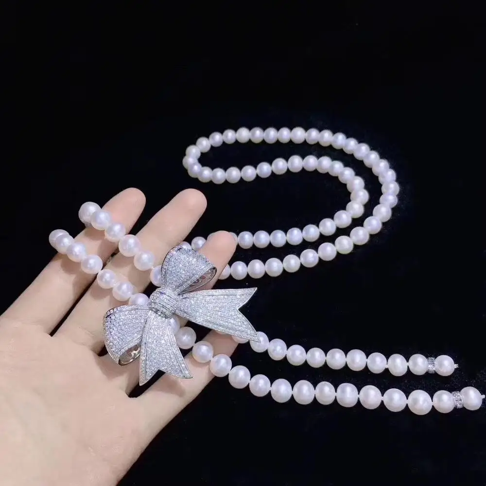 

Large bow shining zircon pendant long pearl necklace for women party luxury jewelry necklace holiday