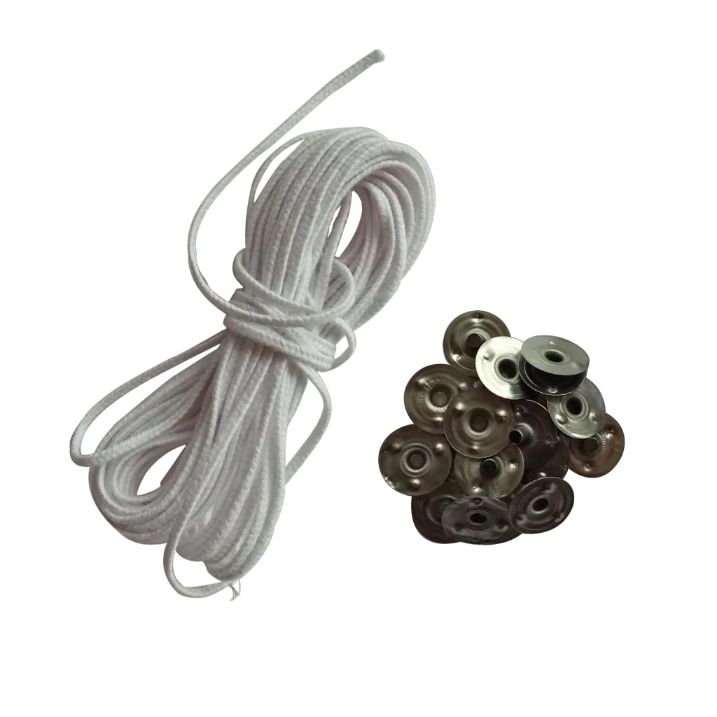 5m Cotton Candle Wicks Core with 20pcs Metal Sustainers Tabs Holder Base for Candle Making Craft Handmade Candle Wick