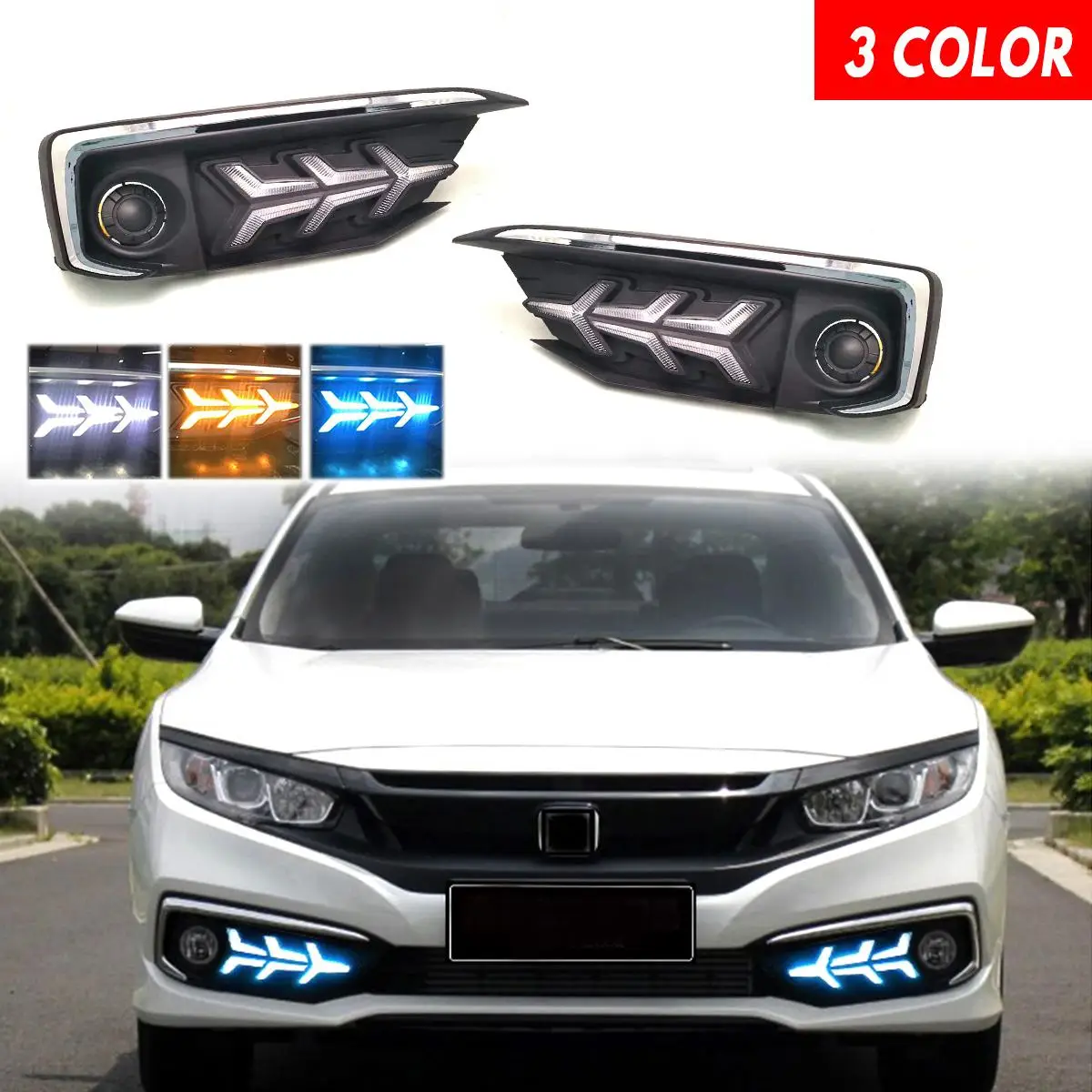 

3 Color 2 Function Turn Lights+Daytime Running Light For Honda For Civic 2019-20 LED DRL fog lamp with dynamic Turn Signal