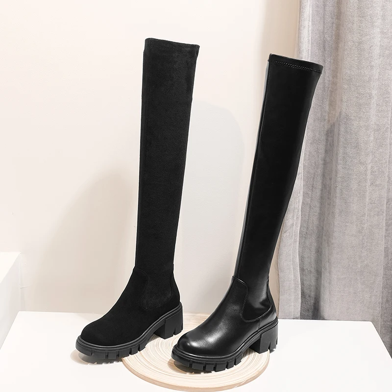 Женские ботфорты выше колена из натуральной замши на не сужающемся книзу массивном каблуке и платформе черные узкие зимние высокие сапоги высококачественные высокие ботинки, распродажа