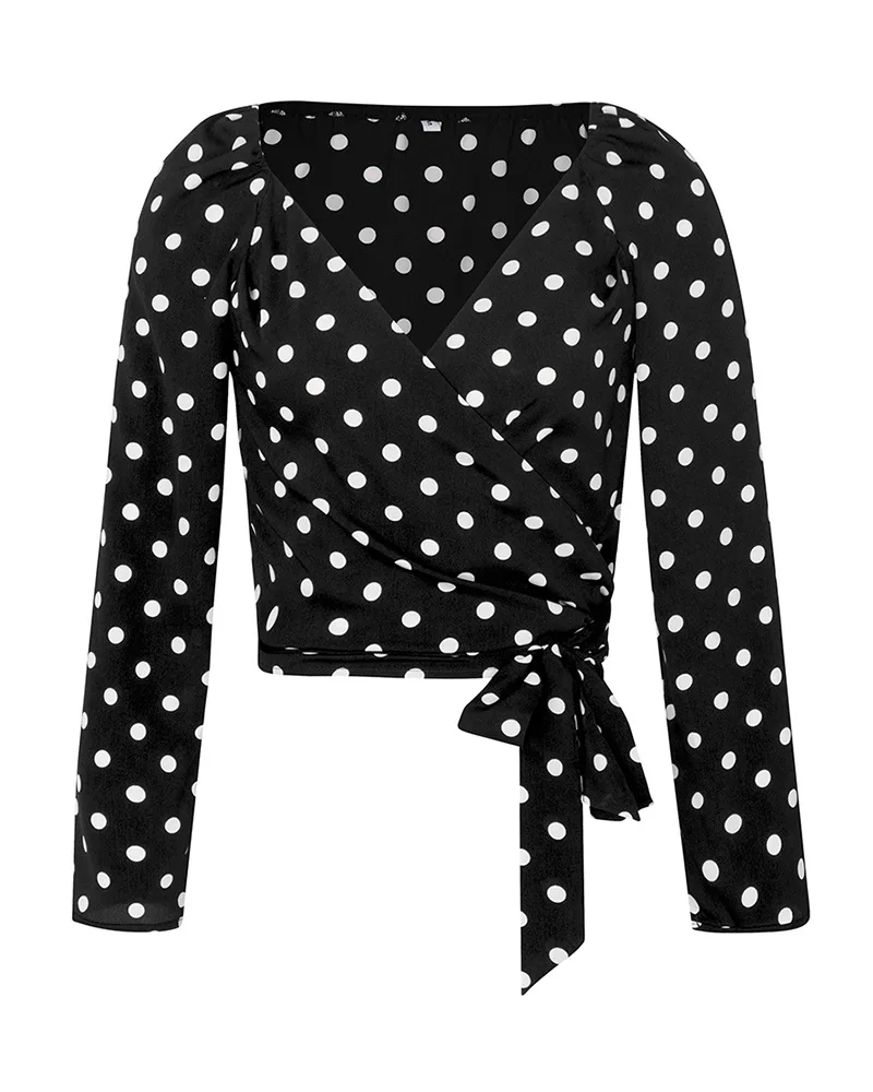 Women Polka Dot Crop Top Blouse Long Sleeve V Neck Wrap Top