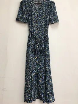 

Women Floral Midi Dress Single-breasted 2020 New V-neck Short Sleeve Lady Slim Flowers Print Split Dresses With Sashes