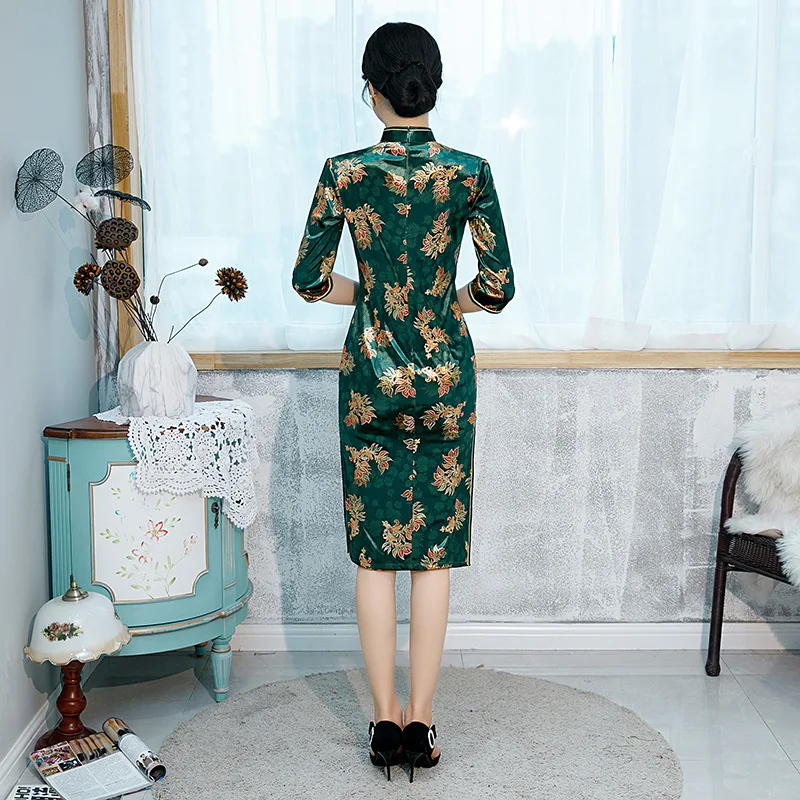 Осеннее велюровое платье Чонсам элегантное тонкое платье Vestidos винтажное женское платье Ципао в китайском стиле размер L-5XL