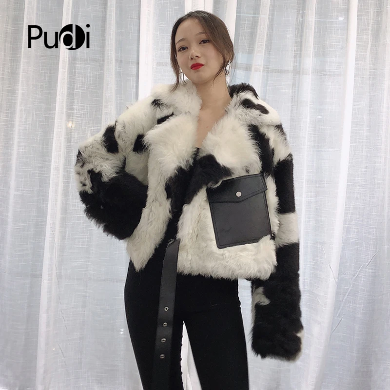 

Pudi TX223905 women winter warm Real sheep fur skin coat jacket overcoat lady Cow pattern fashion genuine fur coat outwear