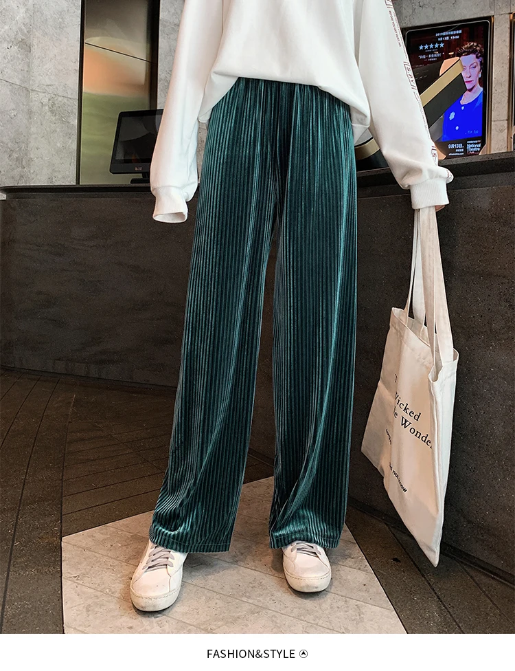[EAM] зеленые длинные плиссированные широкие брюки с высокой эластичной талией, новые свободные брюки, женские модные весенне-осенние брюки, 1D362
