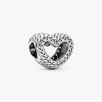 

Authentic 2020 New Arrival Snake Chain Pattern Open Heart Charm Beads Fit Original Pandora Charm Bracelet Jewelry Gift