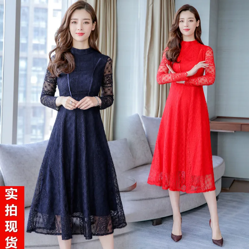 

Lace Dress Autumn And Winter with Overcoat of nei da qun over-the-Knee Dress Year of Fate Red New Year Clothes WOMEN'S Dress