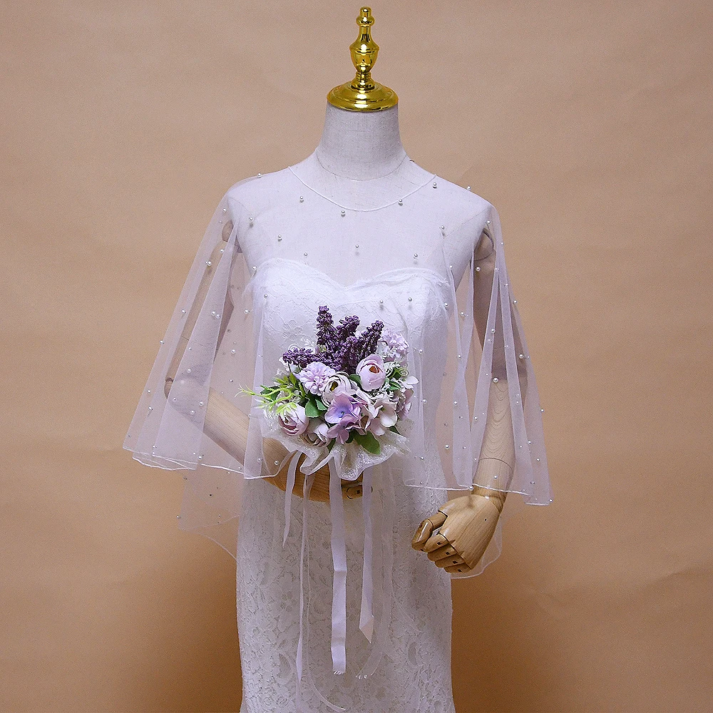 

TRiXY G27 Elegant Wedding Accessories Bolero Bridal Cloak Pearl Wedding Cape Short Front Long Back Women Wrap Cape Bridal Shawl