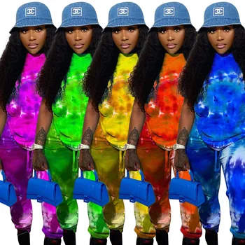 

2020 Summer Women's Suit European and American Hot Style Model Casual Tie-dye Print Drawstring Fashion Clothes