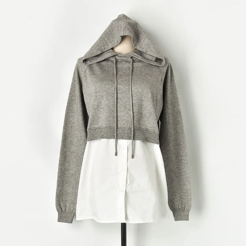 

Fake Two Piece Hooded Sweater 2019 Autumn Black White Patchwork Pullover Sweater Fashion Loose Fall Tops Casual Sweater Women