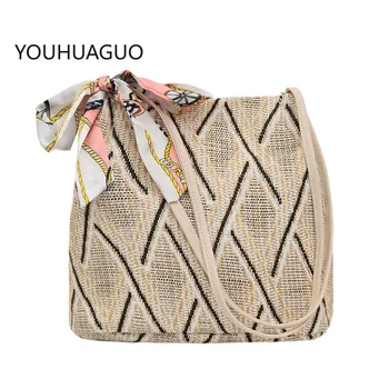 

YOUHUAGUO Women Vintage Beach Straw Bag Ethnic Style Ribbon Messenger Bag fashion Korean version shoulder bag Summer Bucket Bag