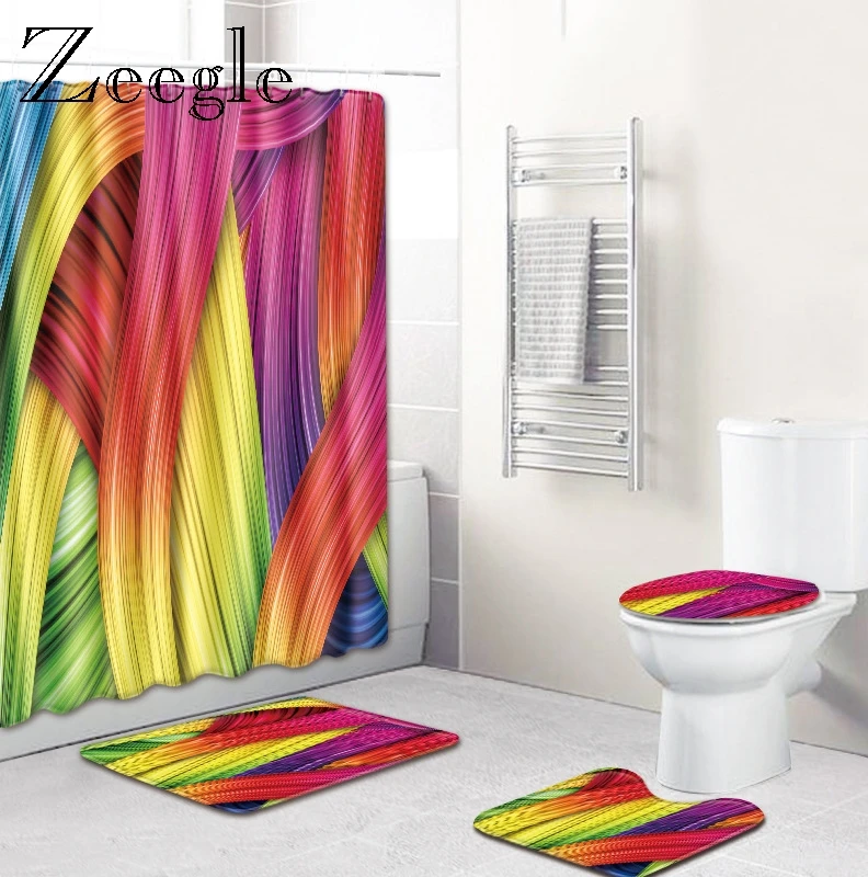 Zeegle Bath Mat Set and Bathroom Curtain Lid Toilet Cover Shower Curtain with Hooks Aborbent Bathroom Doormat 4pcs Toilet Set