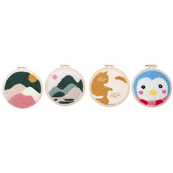 

Pack of 2 Punch Needle Embroidery Kit Soft Yarn Scenery Pattern & 1set Cartoon Cat Penguin DIY Punch Needle Embroidery