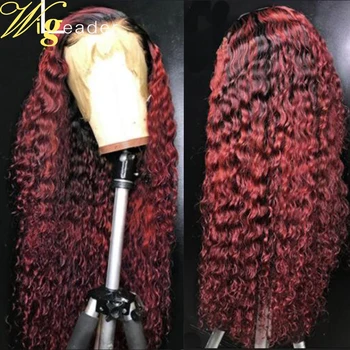

Wigleader Ombre Peruvian Remy Human Hair Lace Front Wigs Preplucked 1b/Red Curly 13x6 Lace Frontal Wigs Remy Hair Wigs