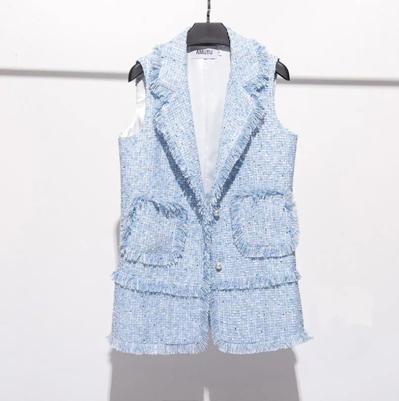 

Blue tweed Small fragrant wind sleeveless Vest 2019 autumn fashion women's loose long Tweed vest waistcoat women p1521
