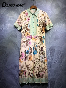 

DLINGHAN Vintage Print Pleated Dress Women's Turn-down Collar Short sleeve High Street Dresses Spring Summer New