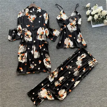 

Fiklyc Spring And Summer Ice And Snow Silk Pajamas Three-Piece Home Service Printing Simulation Silk Pajamas Set