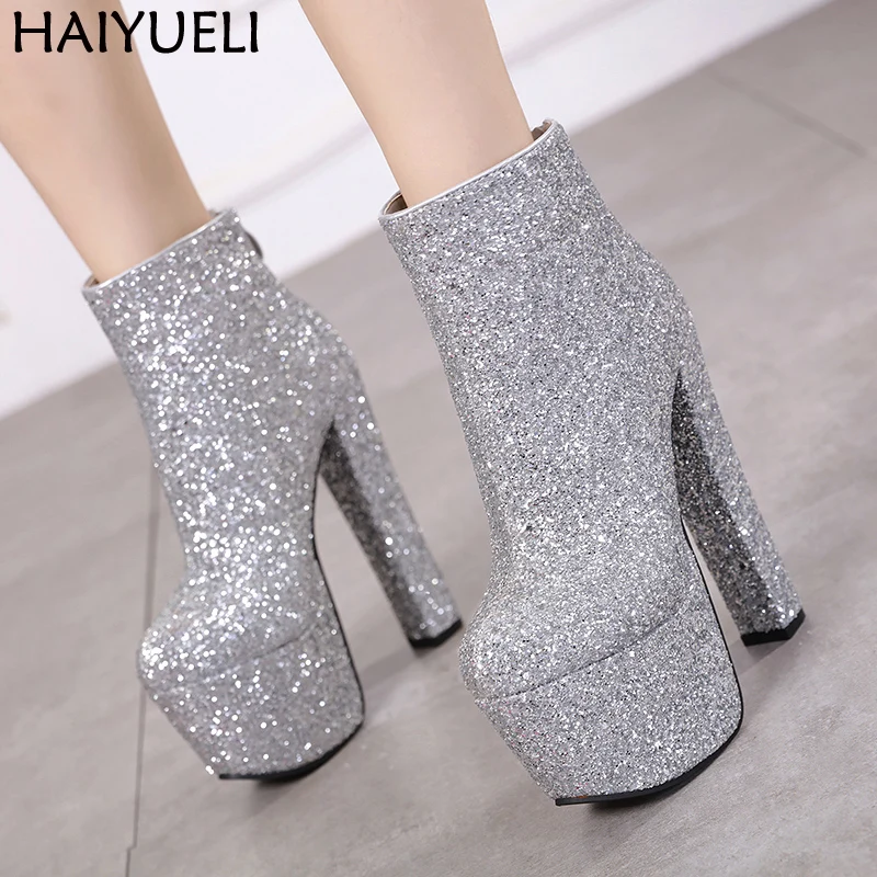 

16cm Heel Punk Boots Rock High Heels Platform Ankle Boots For Women Black Round Toe Motorcycle boots Lace Up Ladies Shoes