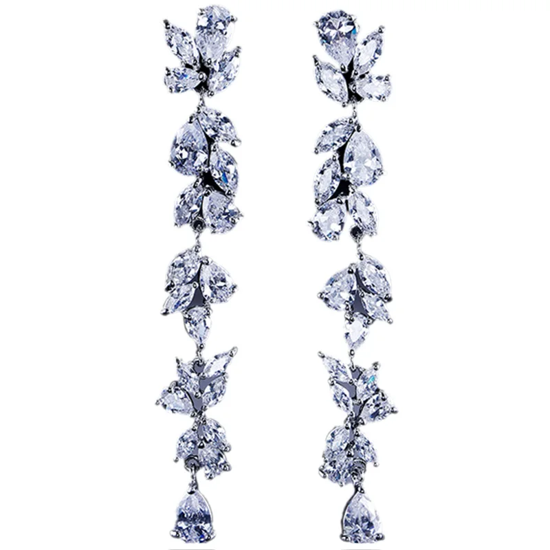 

Silver Color Crystal Hanging Earrings New Long Fringe Earrings Leaf Shape Water Drop Zirconia Earrings