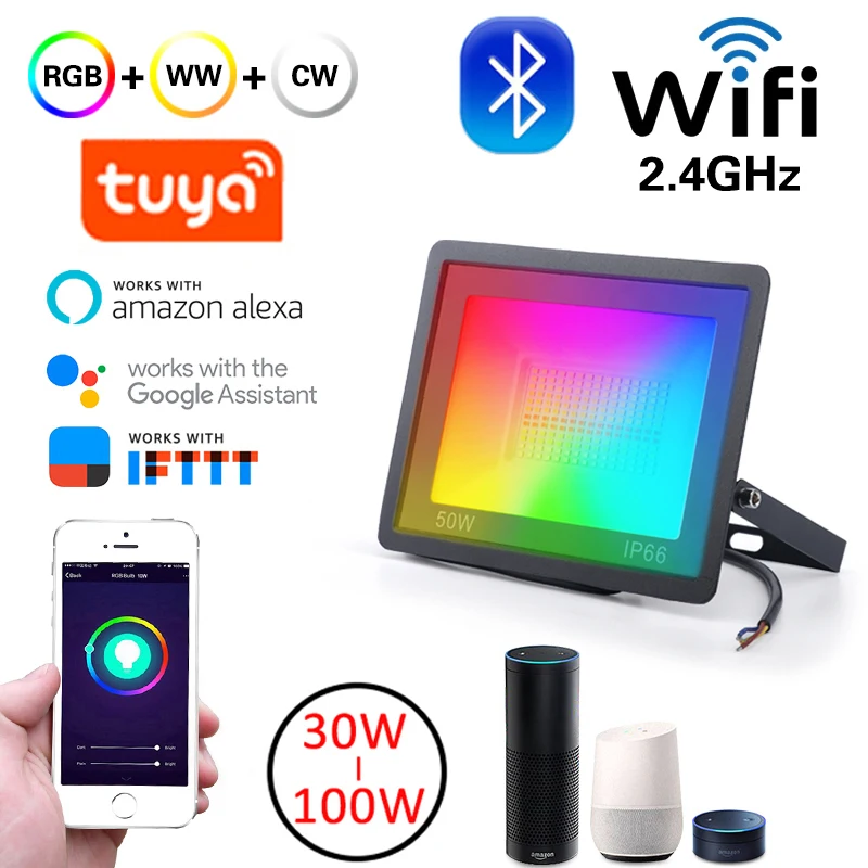 

Tuya WiFi + Bluetooth Spotlight 30W 50W 100W IP66 Floodlights Smart Home Lighting Garden RGB Warm Cool Light Works With Alexa