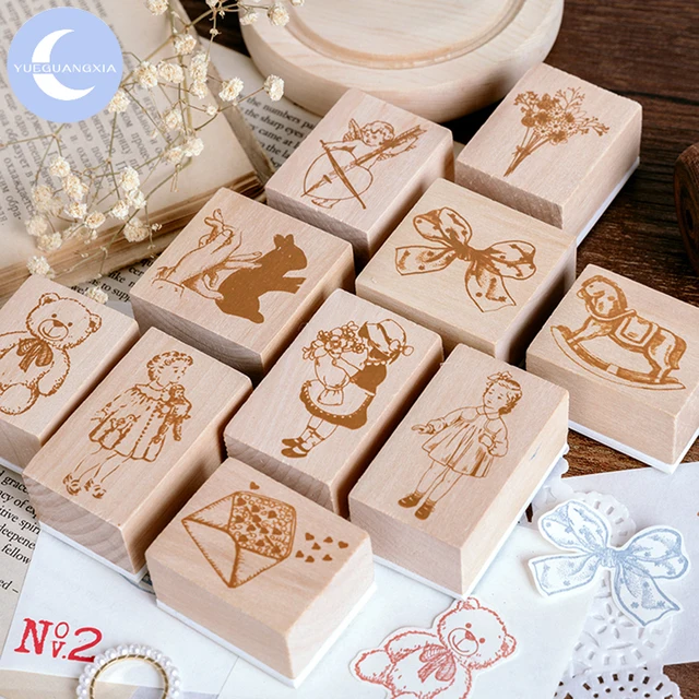 $1.55 YueGuangXia Girl Delicacy Small Seal Wooden Rubber Stamps Set for Scrapbooking Deco Craft Planet Star Wooden Stamps 10Designs