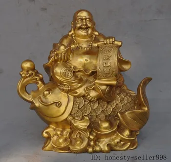 

Christmas China buddhism brass Ride Fish wealth Yuanbao Happy Laugh Maitreya Buddha Statue Halloween