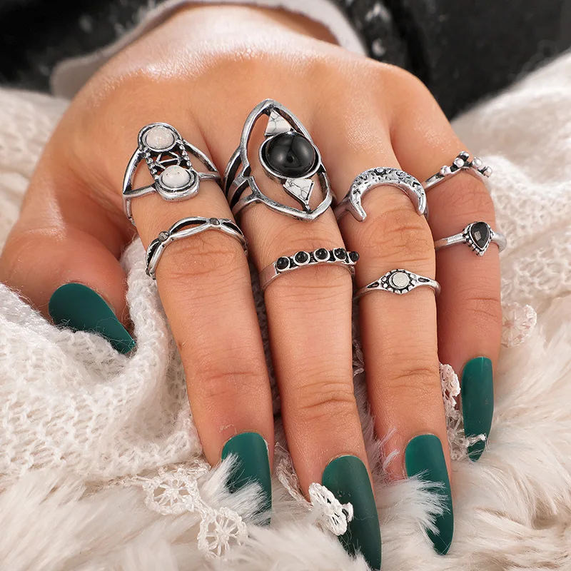 Docona антикварное серебряное кольцо черный цвет стразы на костяшке Луны набор для