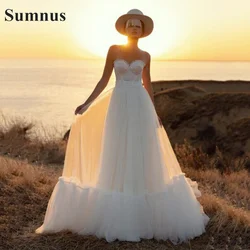 Sumnus Boho Beach Wedding Dress A-Line Lace Appliques Floor Length Tiered Bride Dress Wedding Gown Tulle 2021