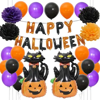 

26pcs Halloween Decorations Set with 12" Latex Balloons, Banner and 10" Paper Pom Pom for Party Home Decorations