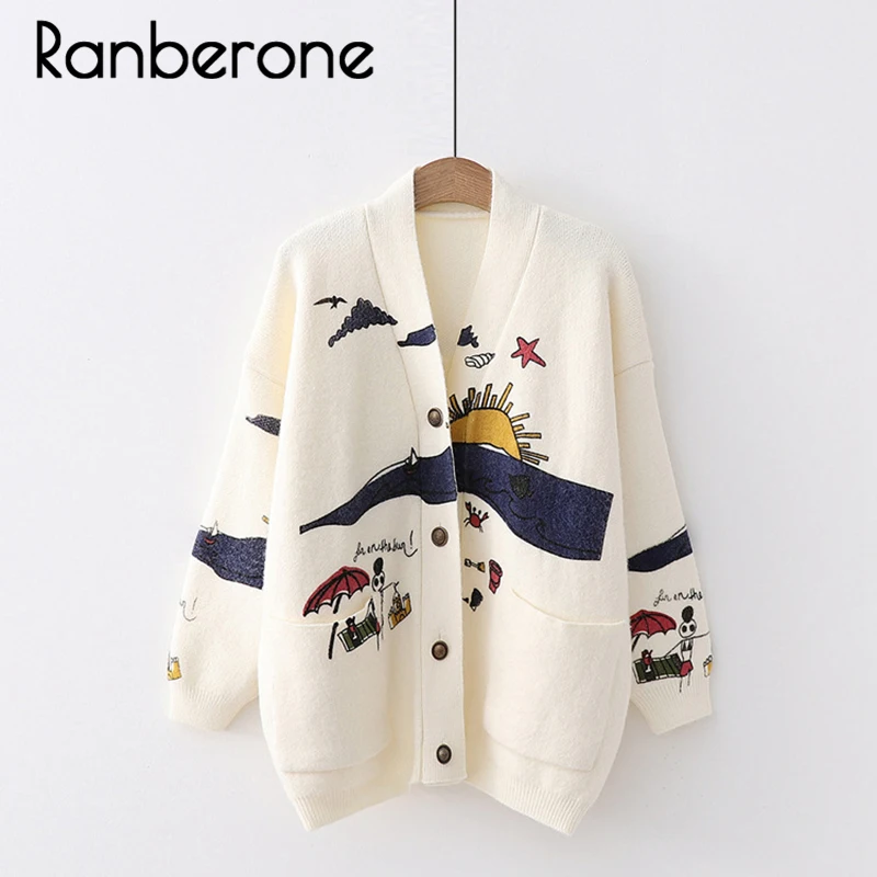 Ranberone Women Sweater Cardigan Spring Woman Knitted Cardigan Sweaters Japanese Girl V-neck Jacquard Cardigan Sweater Winter Ranberone Women Sweater Cardigan Spring Woman Knitted Cardigan Sweaters Japanese Girl V-neck Jacquard Cardigan Sweater Winter