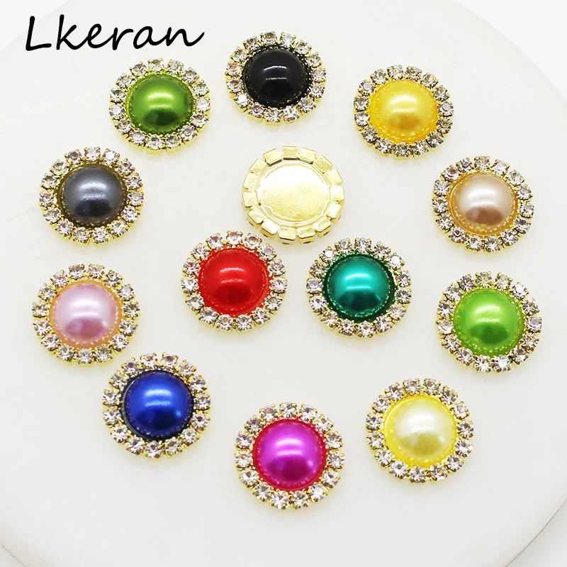 LKeRan, 10 шт./лот, 16 мм, Золотая основа, плоская задняя кнопка, жемчужная, свадебная, Алмазная Кнопка, сделай сам, пригласительные аксессуары, декоративная кнопка