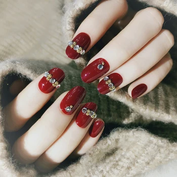 

24pcs Red Inlaid Diamonds Fake Nails Tips Fashion Acrylic Wearable Fake Press On False Nails Decorated For Ballerina Nail Art