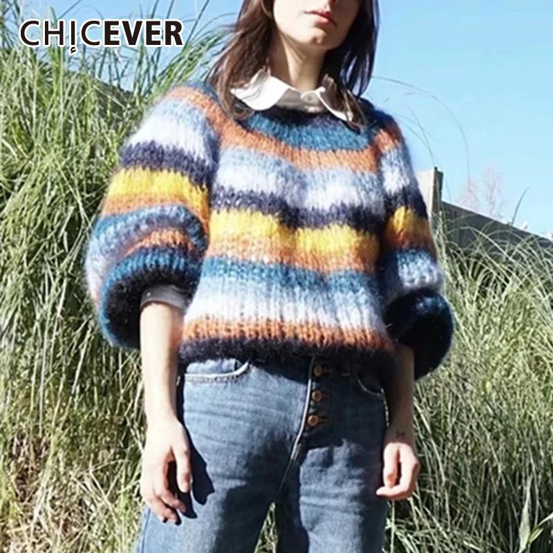 CHICEVER вязаный свитер хитового цвета для женщин круглый вырез длинный рукав
