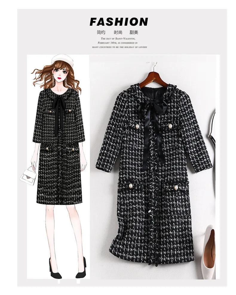 autumn winter women plaid knitted plus size tweed dresses buttonsbow tassel 3/4 sleeve dress 4XL 5XL apricot y489